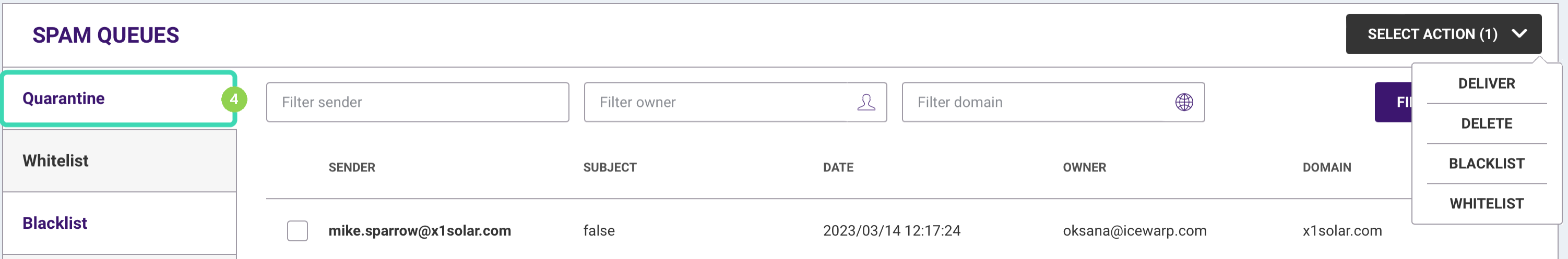 Quarantine tab in Spam Queues