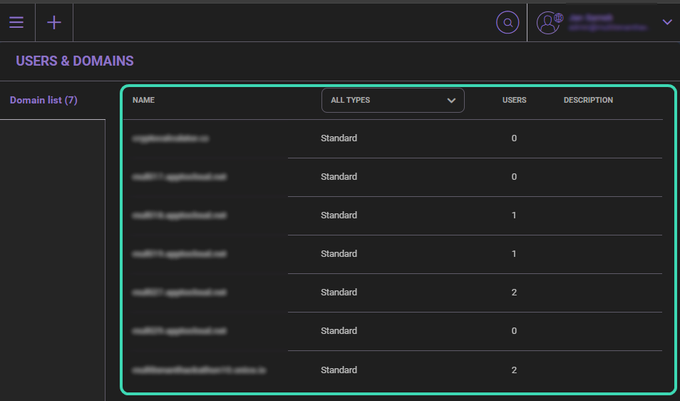 Domain list in the Users & Domains section