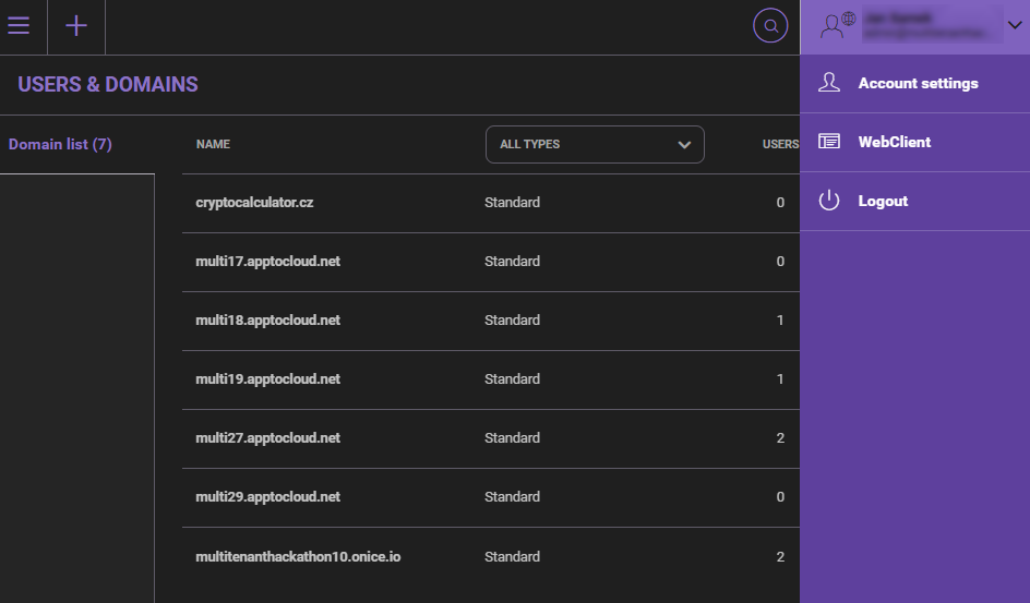 Administrator account menu in WebAdmin portal