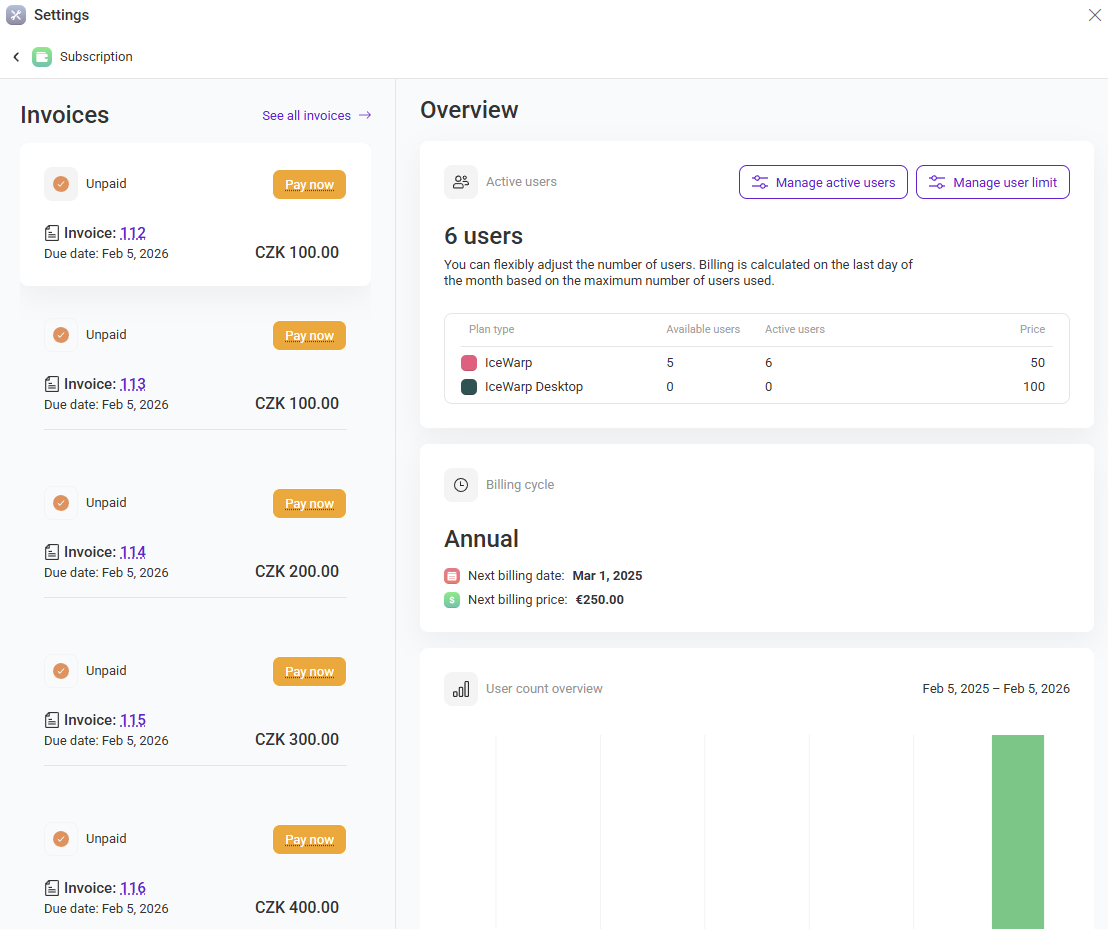 Subscription overview with invoices and billing information