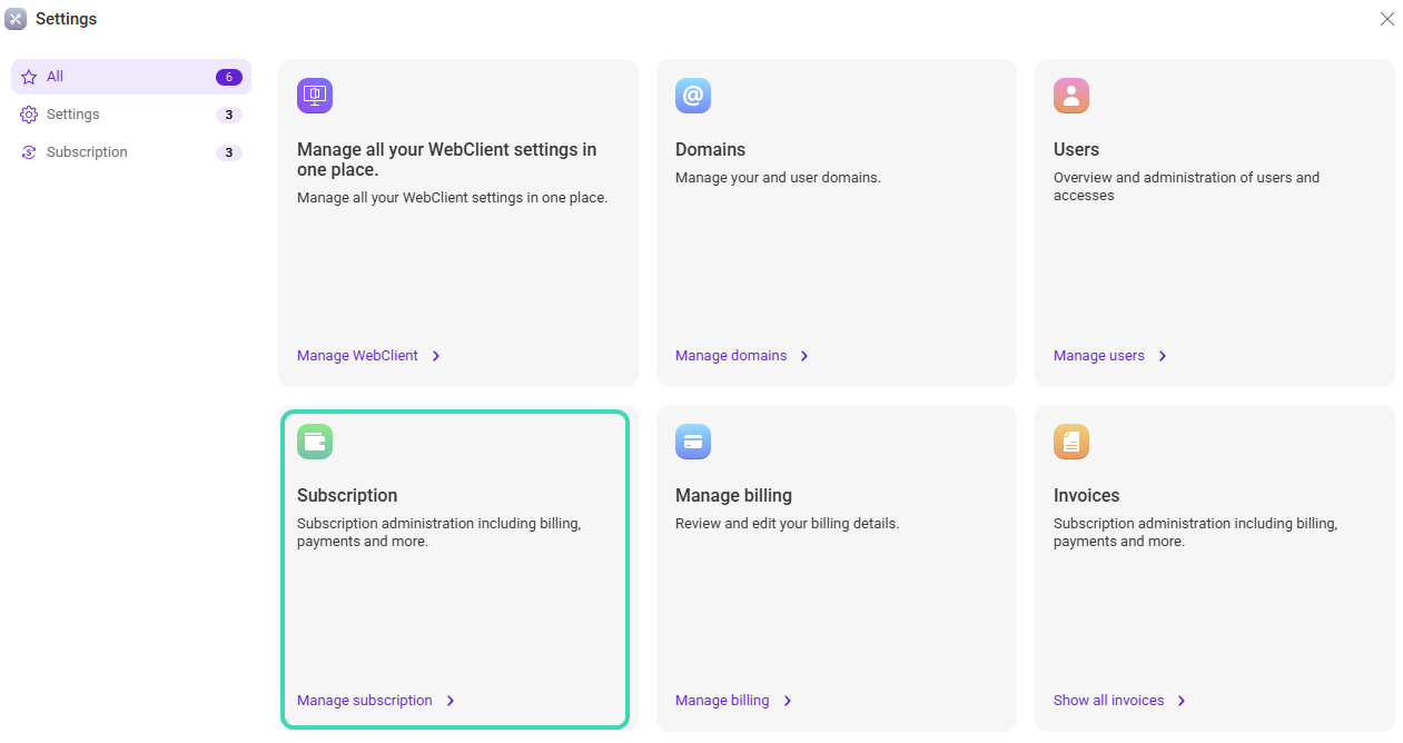Subscription tile in admin overview