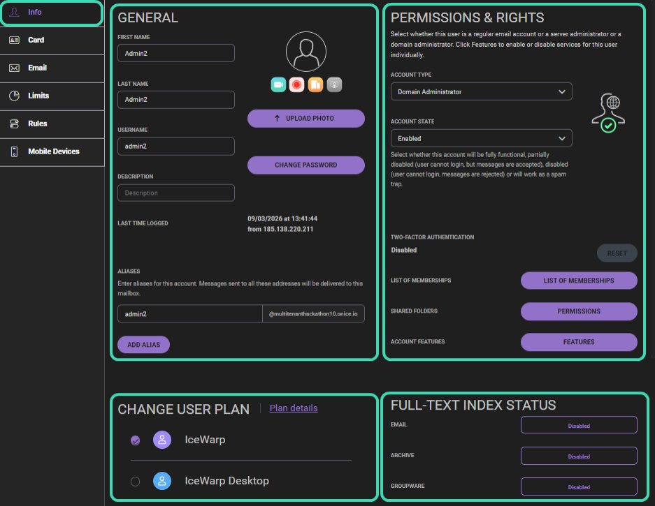 Info tab – general settings and permissions