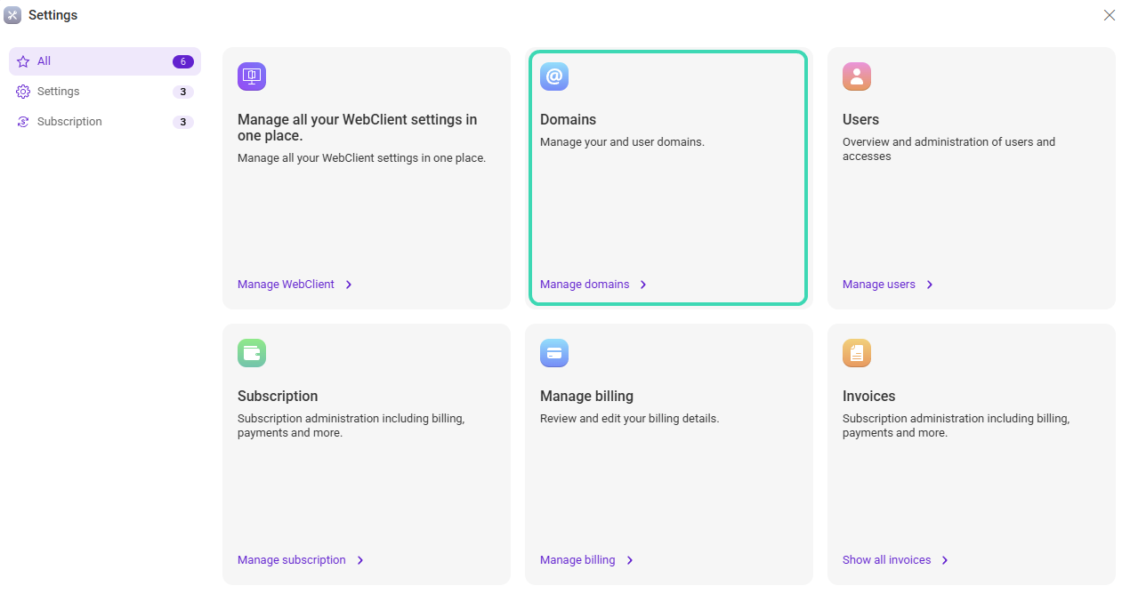 Domains entry in the admin overview